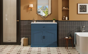 English Elm 36" Luxurious Bathroom Vanity with Ceramic Sink and Soft-Close Doors, Solid Wood Frame, Adjustable Shelves Blue N710P288944C