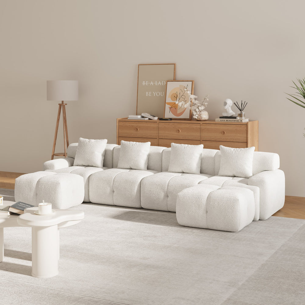 English Elm 135.4" 6-Piece U-Shaped Sleeper Modular Sectional Sofa Bed with Chaise, Tufted Fuzzy Fabric, 6-Seater Comfort Ivory W3118S00022