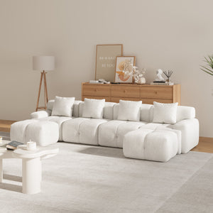 English Elm 135.4" 6-Piece U-Shaped Sleeper Modular Sectional Sofa Bed with Chaise, Tufted Fuzzy Fabric, 6-Seater Comfort Ivory W3118S00022