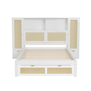 English Elm Twin Multifunctional Bed with Rattan Headboard Storage, Drawer & Shelves — Space-Saving Pine Design White 50.4 L x 19.8 W x 5.5 H N733S241280K