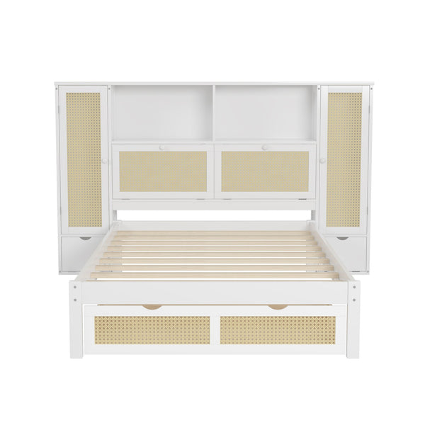 English Elm Twin Multifunctional Bed with Rattan Headboard Storage, Drawer & Shelves — Space-Saving Pine Design White 50.4 L x 19.8 W x 5.5 H N733S241280K