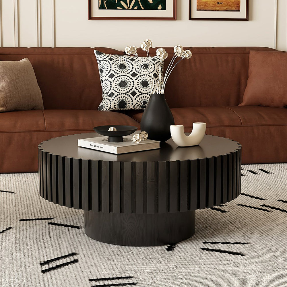 English Elm Round Handcrafted Olive-Shaped Coffee Table with Sturdy MDF Pedestal, Ready-to-Use Living Room Accent Black W3081P255051