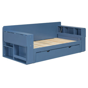 English Elm Full Size Daybed with Hydraulic Desk Armrests Storage Drawer and Sofa Seating Blue LT000271AAC