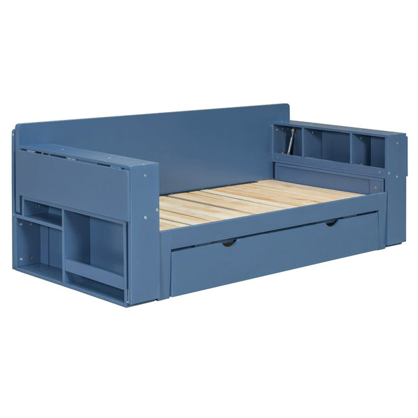 English Elm Full Size Daybed with Hydraulic Desk Armrests Storage Drawer and Sofa Seating Blue LT000271AAC
