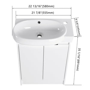 English Elm 23" Freestanding Bathroom Vanity with Ceramic Vessel Sink, Soft-Close Doors, Adjustable Shelf Storage Glossy White W999P206105