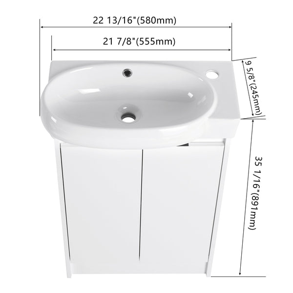 English Elm 23" Freestanding Bathroom Vanity with Ceramic Vessel Sink, Soft-Close Doors, Adjustable Shelf Storage Glossy White W999P206105