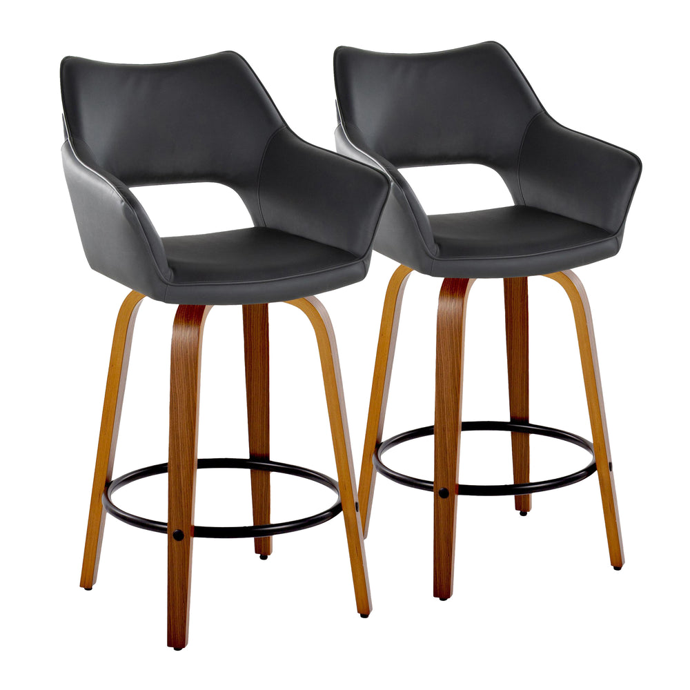 English Elm Mustang 26" Contemporary Counter Stool Set of 2 — Swivel Walnut Bentwood Legs, Black Faux Leather, Footrest B202S00366