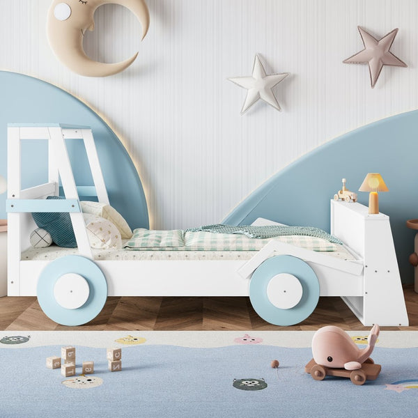 English Elm Twin Pine Treehouse Floor Bed with Padded Rails and Cabin Roofline for Kids White+Blue W1580S00470