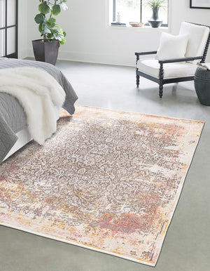 Unique Loom Deepa Emblem Machine Made Floral / Botanical Rug Gray, Ivory/Red 5' 3" x 7' 10"