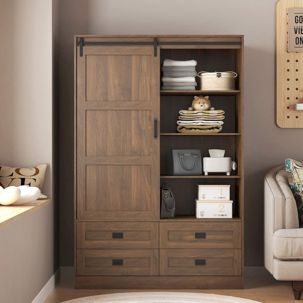 English Elm Tall Farmhouse Wardrobe Armoire with Sliding Barn Doors Drawers and Hanging Rod Wood W1321S00050