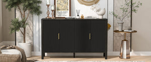 English Elm U_style Striped Four Door Sideboard Mdf Buffet Cabinet with Adjustable Shelves for Dining Black N711P345170B