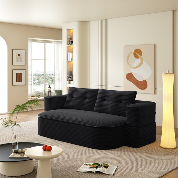 English Elm 78.7" Plush Corduroy Convertible Sleeper Sofa with Tufted Back and Foldable Floor Bed Black W3219P410146