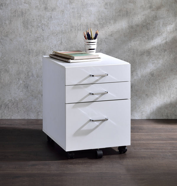 English Elm Tennos Modern White & Chrome File Cabinet with 4-Tier Shelves, 3 Drawers, Wheels & X-Frame Design B2726P294781