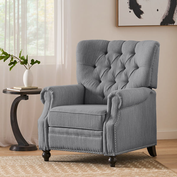 English Elm Christopher Knight Home® - Button Button Tufted Heavy Duty Manual Push-Back Recliner Chair with Nailhead Accents and Comfort Backrest Grey 71976.00GRY