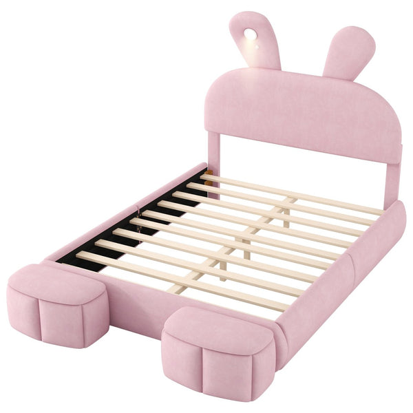 English Elm Full Pink Velvet Platform Bed Cartoon Ear Headboard Led Light Storage Stools N709P195300H-1