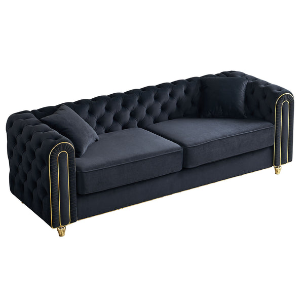 English Elm 86'' Luxury Modern Tufted Sofa with Gold Trim, Velvet Upholstery, Pocket Spring Comfort & 750lb Support Black W579P303656