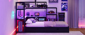 English Elm Twin Gaming Daybed with Led Strips Desk Pegboard Bookcase and Three Storage Drawers Purple+Black N820S00083I