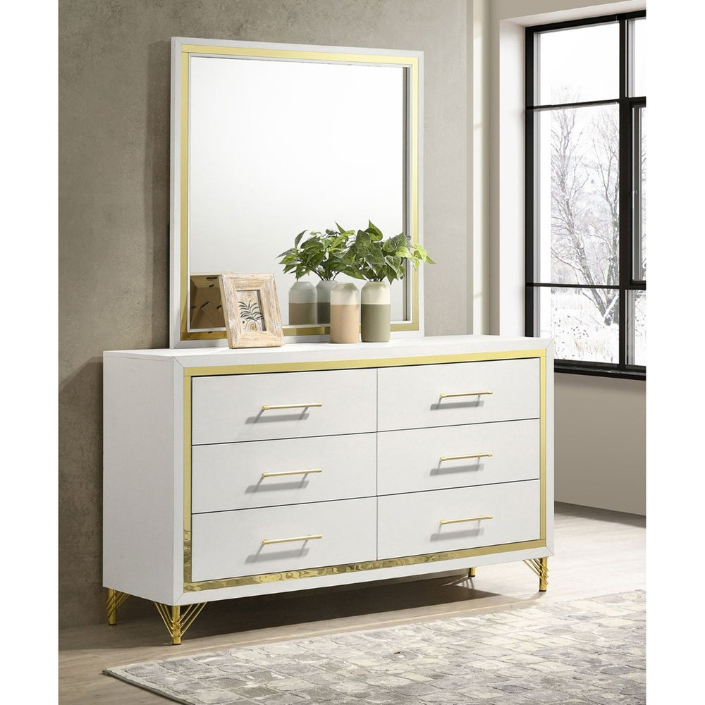 English Elm James White Glam Dresser with Mirror Gold Hardware Six Drawers Bedroom Vanity Set B062S01749