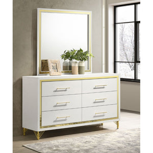 English Elm James White Glam Dresser with Mirror Gold Hardware Six Drawers Bedroom Vanity Set B062S01749