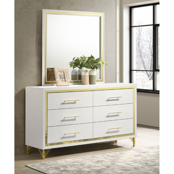 English Elm James White Glam Dresser with Mirror Gold Hardware Six Drawers Bedroom Vanity Set B062S01749