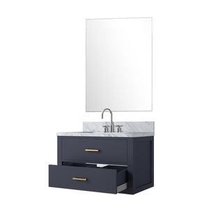 English Elm Blue Single Bathroom Vanity Set With Carrara Marble Top, Mirror & Chrome Faucet - Elegant Design B2731S01975