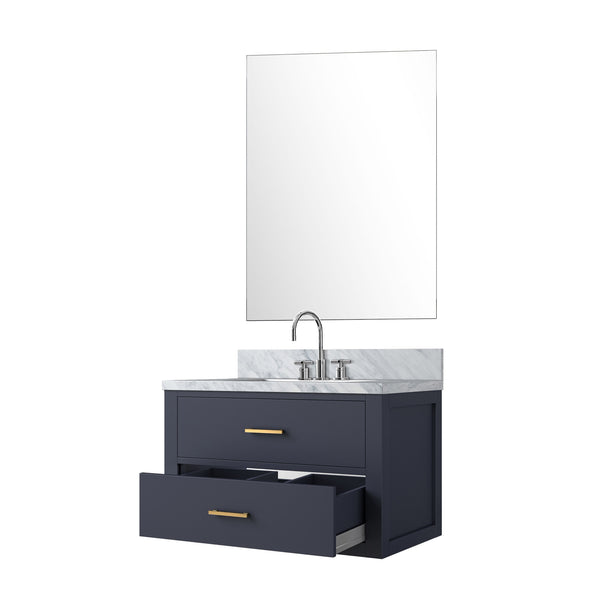 English Elm Blue Single Bathroom Vanity Set With Carrara Marble Top, Mirror & Chrome Faucet - Elegant Design B2731S01975