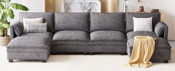 English Elm 141.5'' Modern U-Shaped 6-Seater Sofa Couch With Movable Ottoman & Armrest Pockets For Versatile Living W680S00043