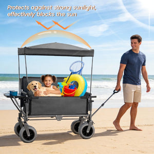 English Elm 3-in-1 Collapsible Wagon with Canopy Bench Tabletop and All-terrain Wheels for Camping Gray W2932P417652