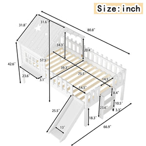 English Elm Twin Playhouse Loft Bed Solid Pine Frame with Slide Led Lights and Star Roof White W5316S00001
