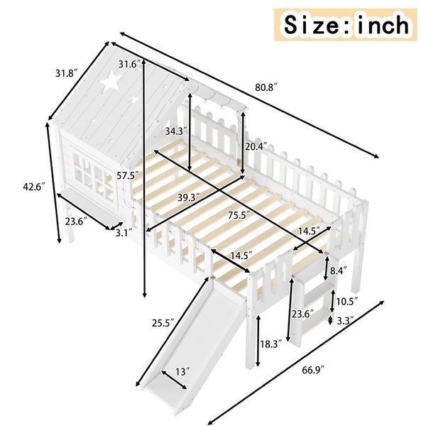 English Elm Twin Playhouse Loft Bed Solid Pine Frame with Slide Led Lights and Star Roof White W5316S00001
