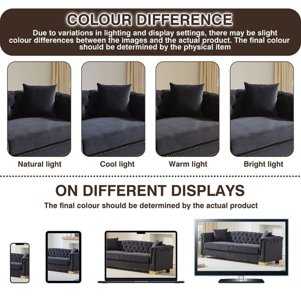 English Elm {video] Tufted Black Velvet Chesterfield Sofa with Gold Studs Three Seat Living Room Black+Blue W1926S00097