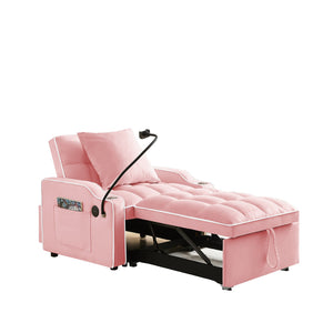 English Elm 3-in-1 Sofa Bed with USB & Cup Holders, Velvet Convertible Sleeper Chair with 3 Angles for Small Spaces Pink W1359P336108