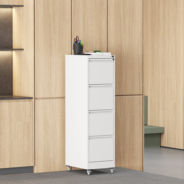 English Elm 4 Drawer Locking File Cabinet on Wheels with Anti-Tilt System, Corrosion-Resistant Metal, Secure Mobile Storage White T2398P310005