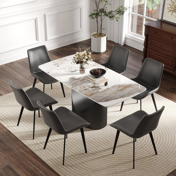 English Elm 63" Modern Artificial Stone Dining Table With Curved Design & Black Iron Legs - Seats 6-8 Comfortably W1535S00560