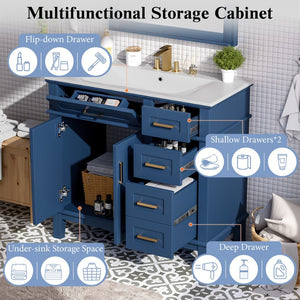 English Elm 36" Navy Bathroom Vanity Solid Wood Frame Ceramic Sink Gold Hardware Soft Close Blue N729P380151C