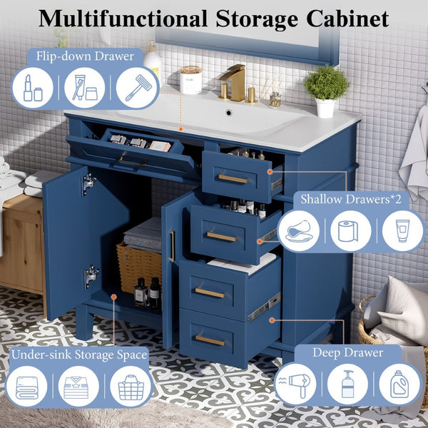 English Elm 36" Navy Bathroom Vanity Solid Wood Frame Ceramic Sink Gold Hardware Soft Close Blue N729P380151C