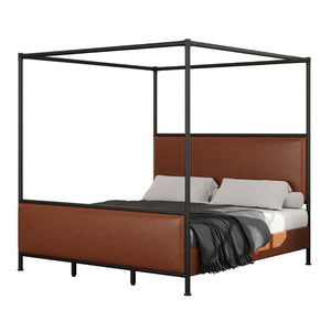 English Elm King Canopy Bed Iron Four Post Frame with Pu Leather Upholstered Headboard Footboard N757K343427O