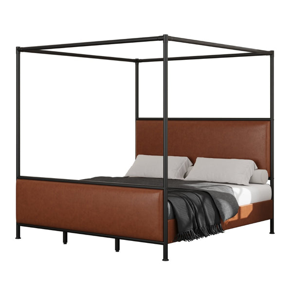 English Elm King Canopy Bed Iron Four Post Frame with Pu Leather Upholstered Headboard Footboard N757K343427O