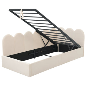 English Elm Upholstered Velvet Daybed with Hydraulic Storage & Metal Slatted Frame, Twin Sofa Bed, 300 lb Capacity Beige N736P333613B