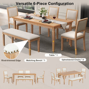 English Elm Trexm Rustic Farmhouse Extendable Dining Set Six Piece with Bench Distressed Wood Beige,Natural Wood Wash ST000151AAD