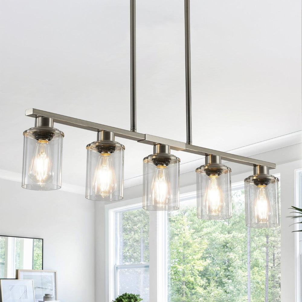 English Elm 37" Five-light Iron Chandelier Brushed Nickel Finish Clear Glass Linear Kitchen Pendant W1340P206715
