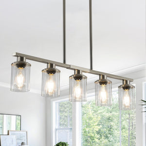 English Elm 37" Five-light Iron Chandelier Brushed Nickel Finish Clear Glass Linear Kitchen Pendant W1340P206715