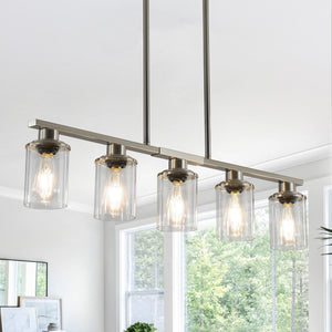 English Elm Brushed Nickel 5-Light Chandelier - Contemporary Kitchen Island Pendant Light With Clear Glass Shades For Dining Room, Farmhouse, Or Modern Decor (No Bulbs)