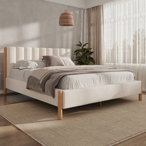 English Elm Christopher Knight Home® - Queen Boucle Upholstered Bed Frame with Thick Vertical Headboard, Solid Rubberwood Legs, White N757Q256985K