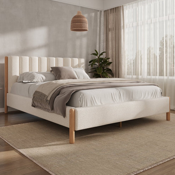 English Elm Christopher Knight Home® - Queen Boucle Upholstered Bed Frame with Thick Vertical Headboard, Solid Rubberwood Legs, White N757Q256985K