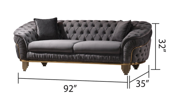 English Elm Vanessa Glam Velvet Button-Tufted Sofa in Grey with Gold Waterfall Legs, Coil Springs & Pillows G150109202