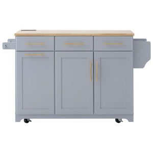 English Elm K&K Vintage Kitchen Island with Rubberwood Top, Hidden Wheels, Pull-Out Trash & Charging Station Grey+Blue N707P299014G