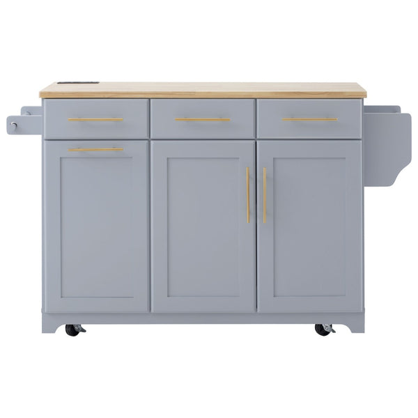 English Elm K&k Rolling Kitchen Island Rubber Wood Top Brass Hardware Built-in Outlets Storage Grey+Blue N707S299014G