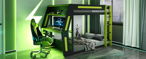English Elm Full-size Gaming Loft Bed with Integrated Rgb Desk Usb Ports and Esports Frame Green LT000239AAG