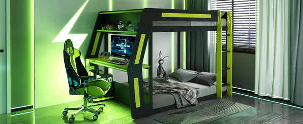 English Elm Full-size Gaming Loft Bed with Integrated Rgb Desk Usb Ports and Esports Frame Green LT000239AAG